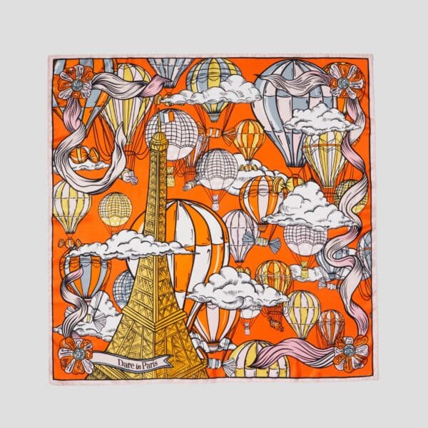 Carré de soie orange, L'envol des gourmandises, carré présenté à plat, Dare in Paris