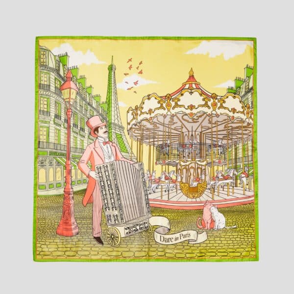 Carré de soie vert et jaune, L'orgue du Boulevard, carré présenté à plat, Dare in Paris