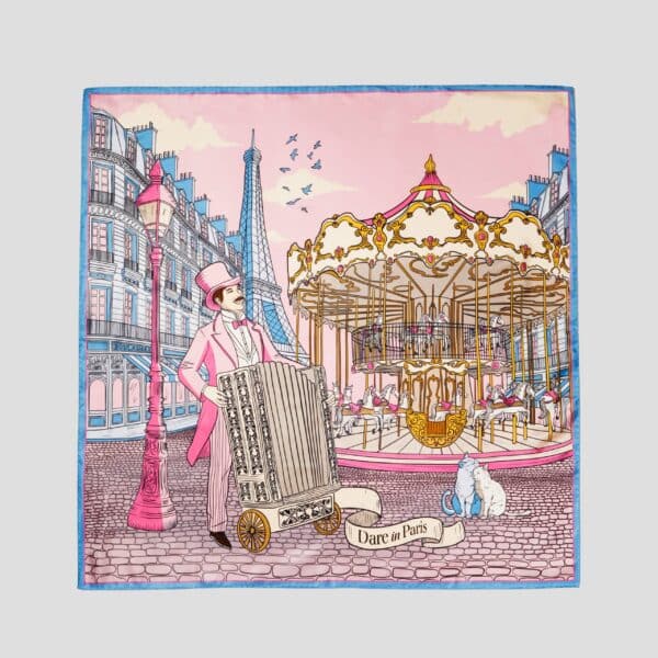 Carré de soie rose et violet, L'orgue du Boulevard, carré présenté à plat, Dare in Paris