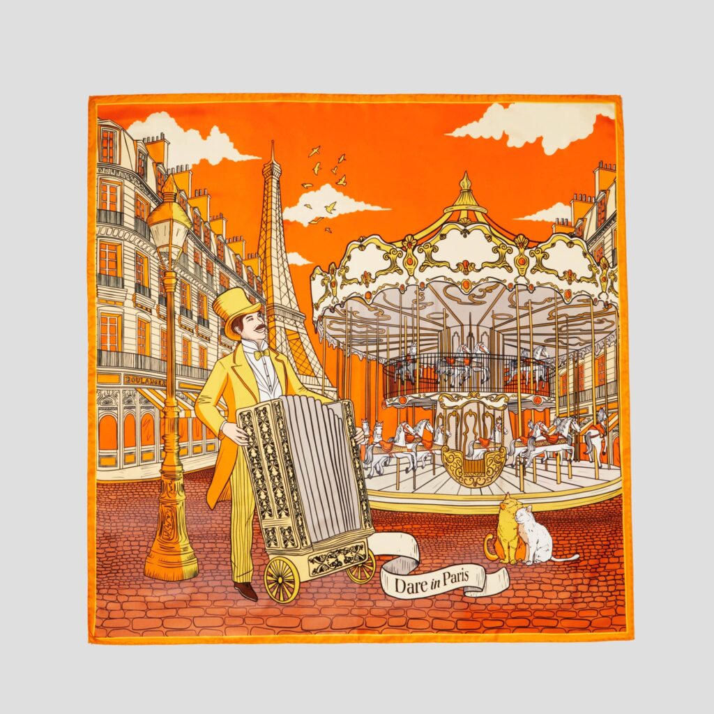 Carré de soie orange, L'orgue du Boulevard, carré présenté à plat, Dare in Paris