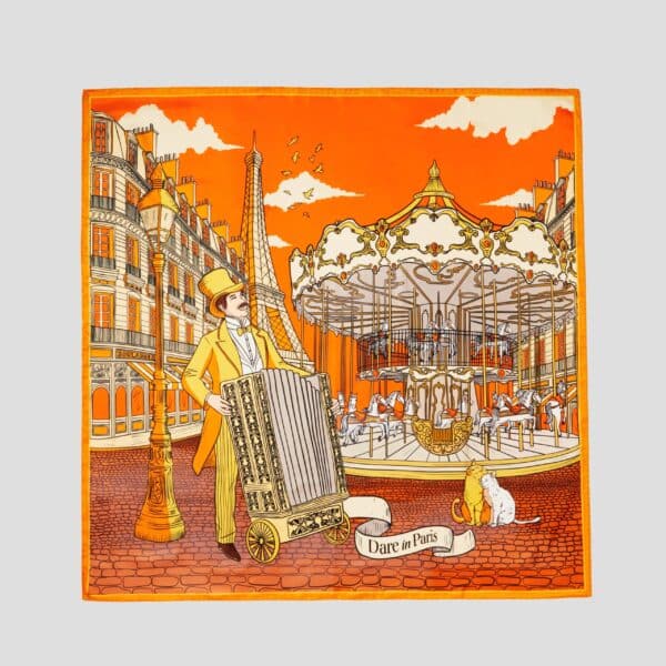 Carré de soie orange, L'orgue du Boulevard, carré présenté à plat, Dare in Paris