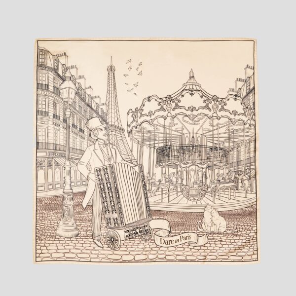 Carré de soie noir et blanc cassé, L'orgue du Boulevard, carré présenté à plat, Dare in Paris