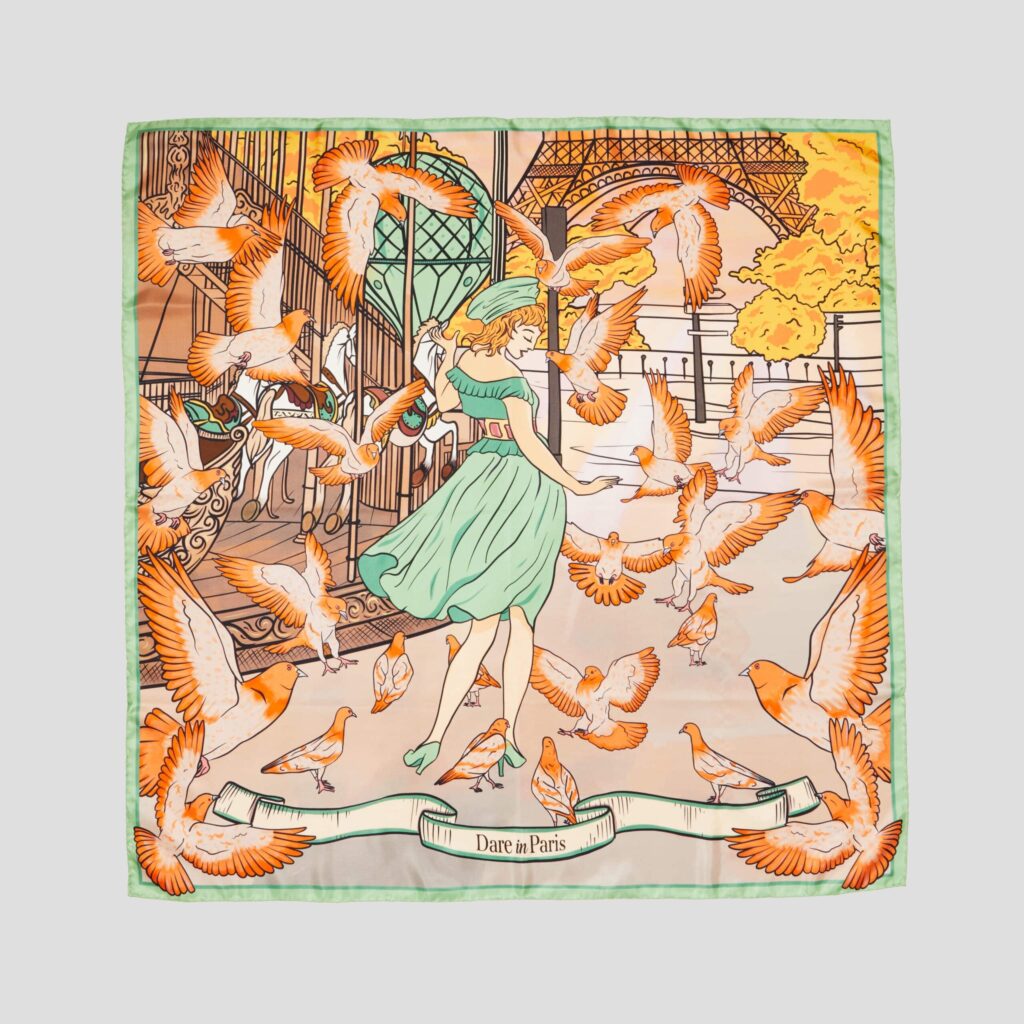 Carré de soie orange et vert, Valse des colombes, carré présenté à plat, Dare in Paris