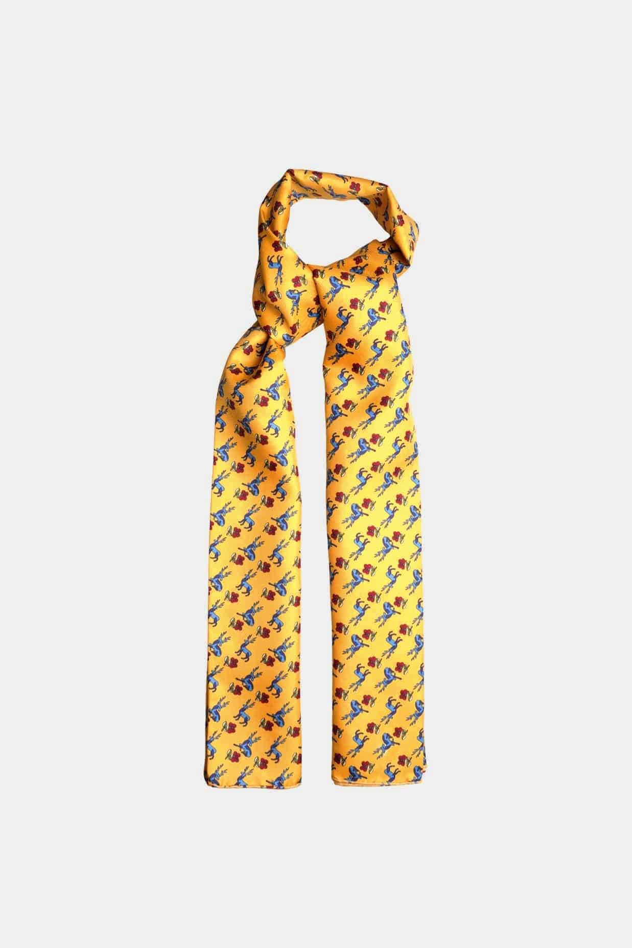 Écharpe tubulaire en soie jaune, motif animaux, bords roulottés main, Dare in Paris