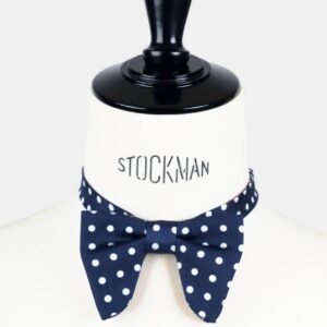 Nœud papillon bleu à pois soie imprimée – Le Plongeant, porté sur une chemise blanche, Dare in Paris