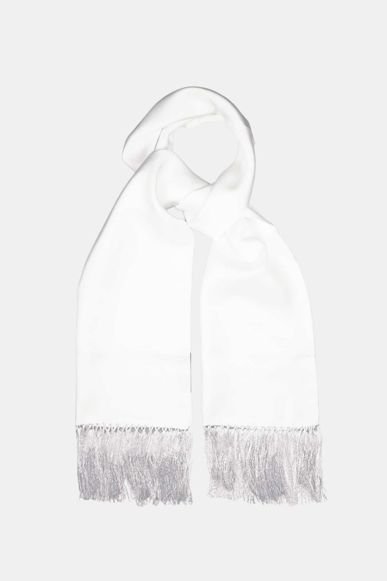 Foulard en soie blanc, satin uni, bords frangés main, Dare in Paris
