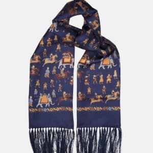 Foulard en soie bleu marine, motif personnages – Fait main en Italie