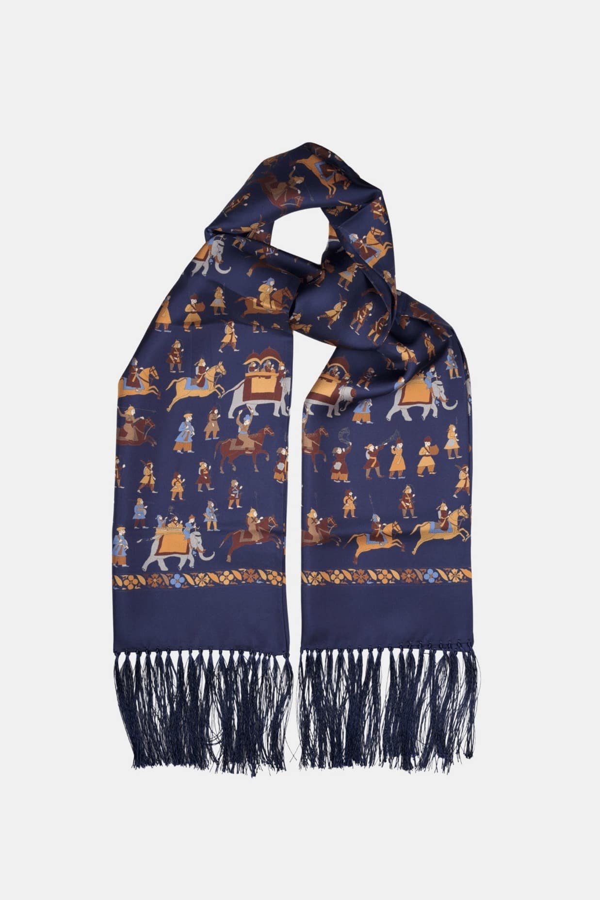 Foulard en soie bleu marine, motif personnages – Fait main en Italie