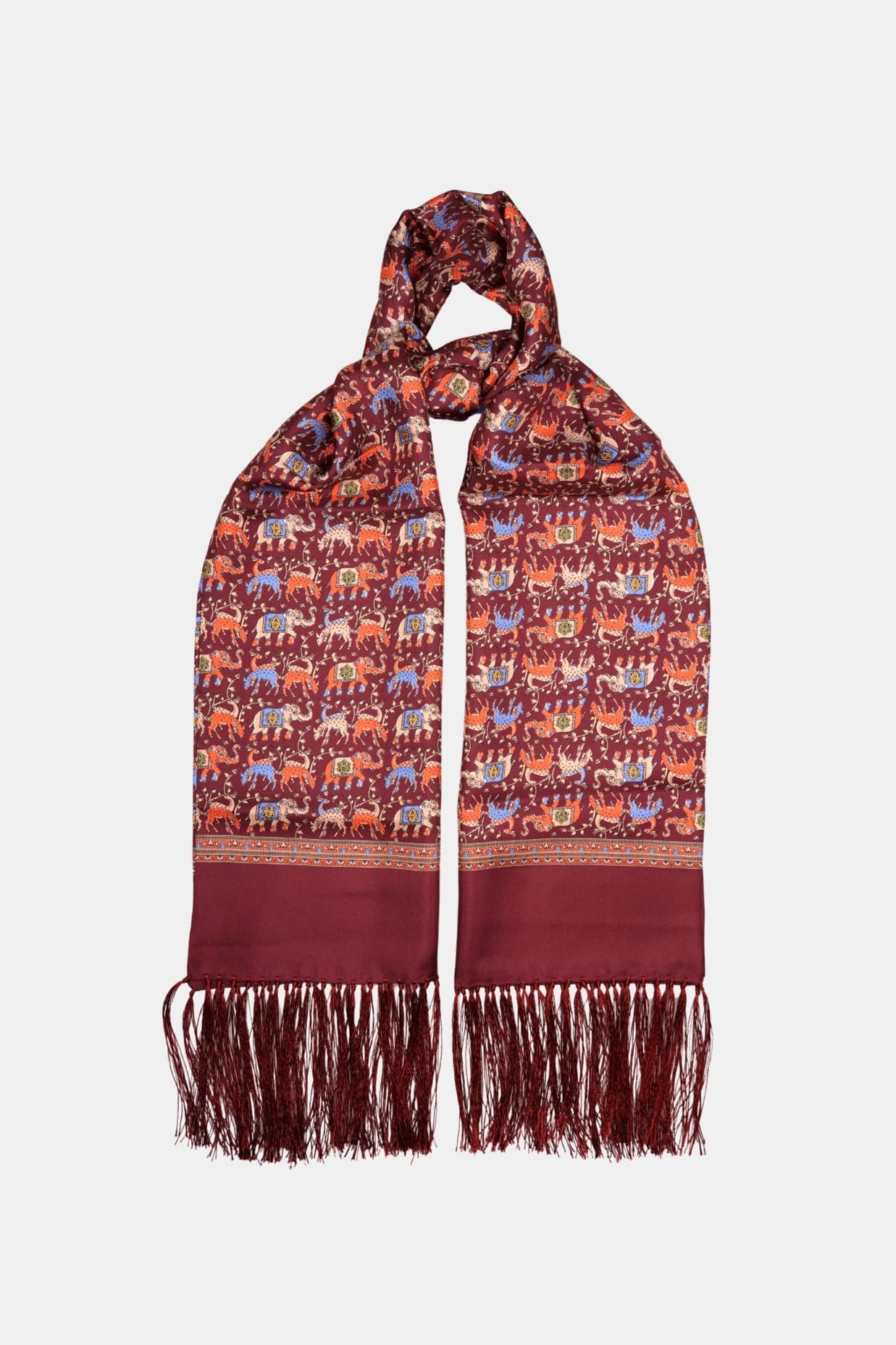 Foulard en soie bordeaux, motif éléphants, bords frangés main, Dare in Paris