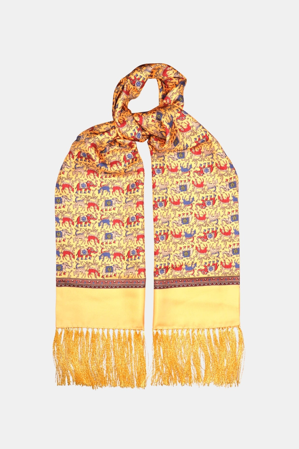 Foulard en soie jaune, motif éléphants, bords frangés main, Dare in Paris