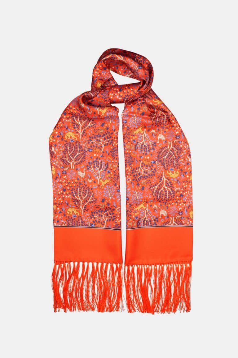 Foulard en soie orange, motif arbre de vie, bords frangés main, Dare in Paris