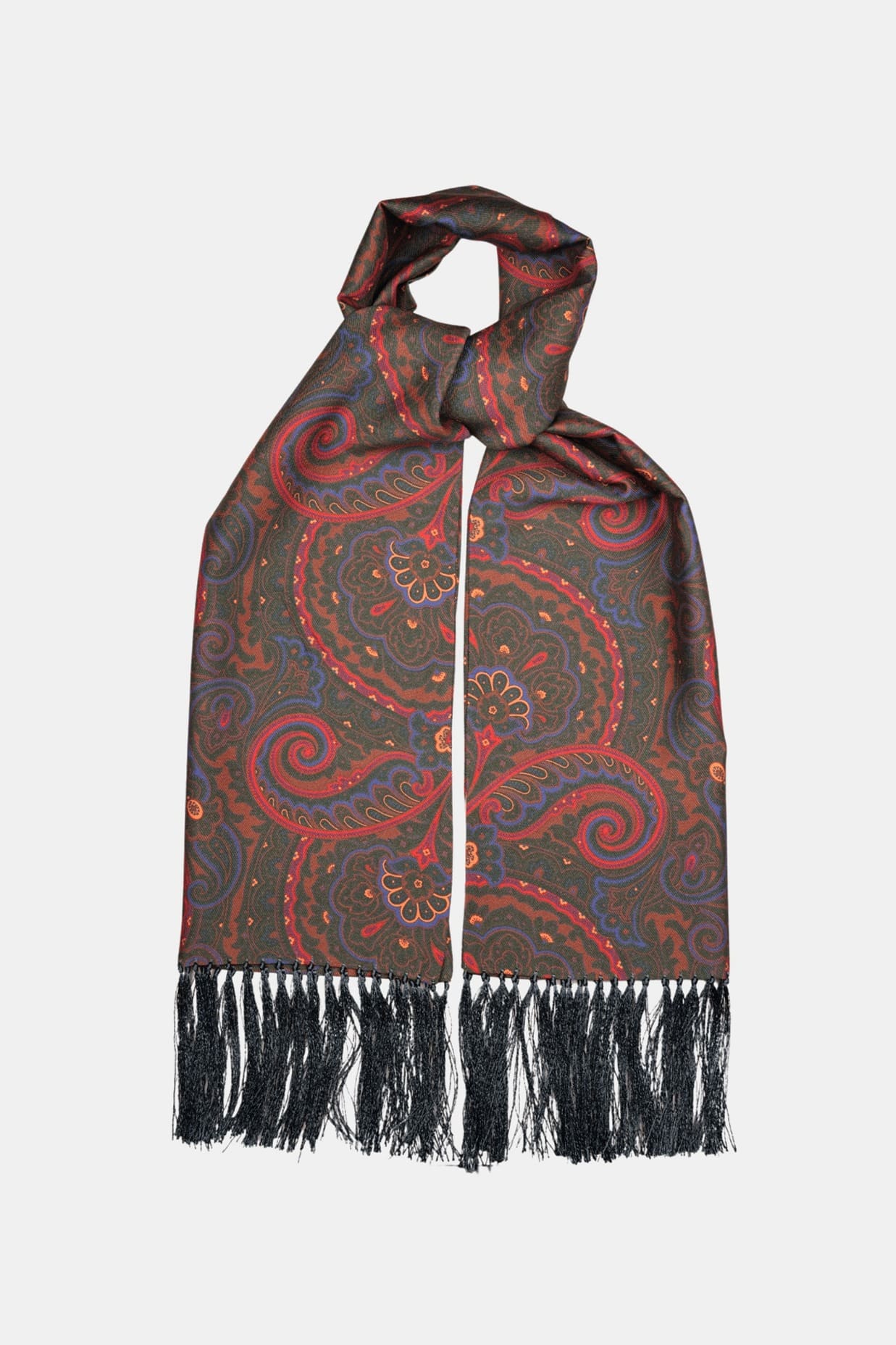 Foulard en soie vert kaki, motif cachemire, bords frangés main, Dare in Paris