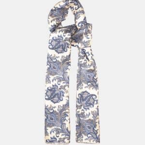 Écharpe tubulaire en soie blanc cassé, motif cachemire bleu – Faite main à Paris