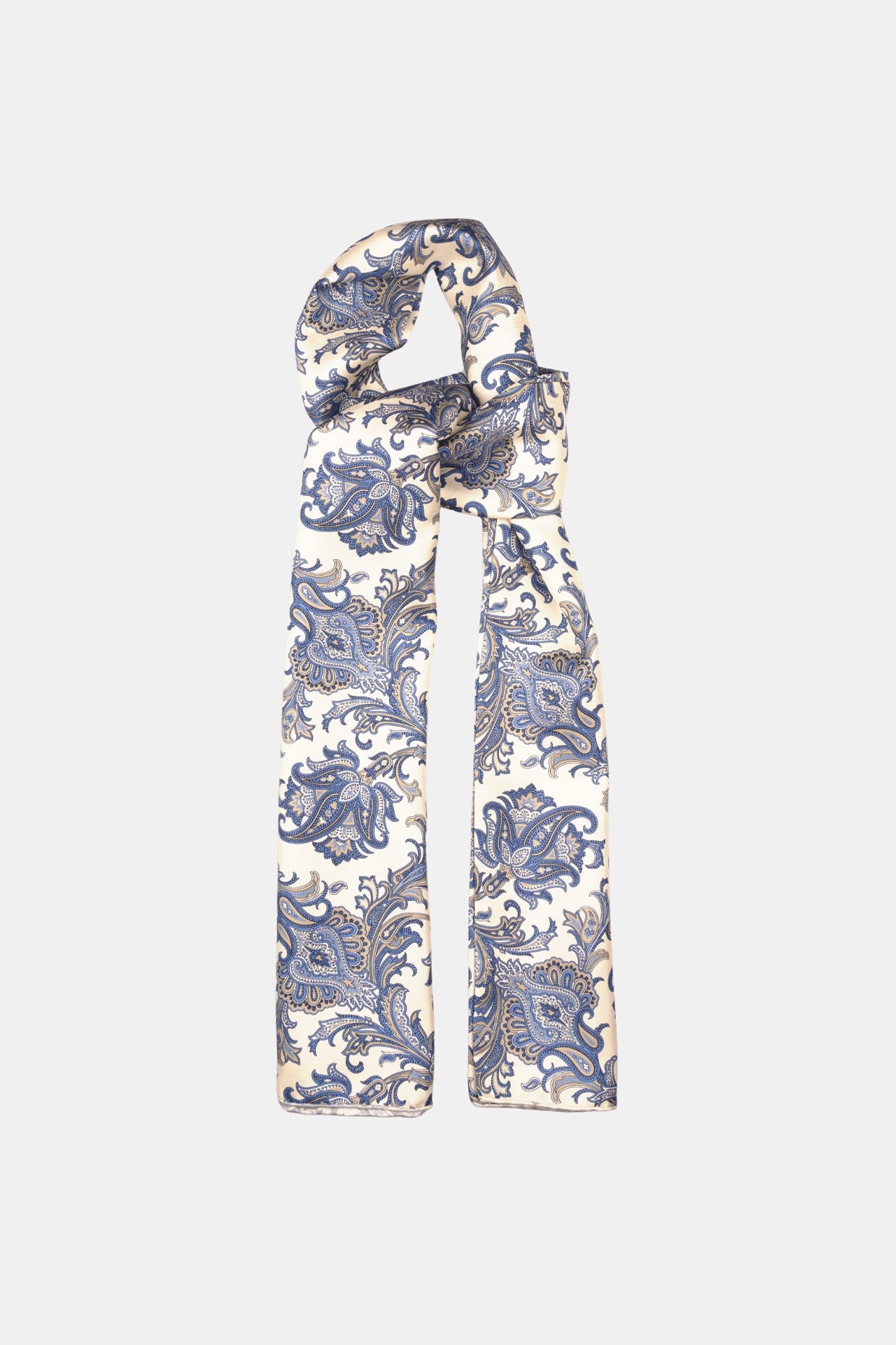 Écharpe tubulaire en soie blanc cassé, motif cachemire bleu – Faite main à Paris