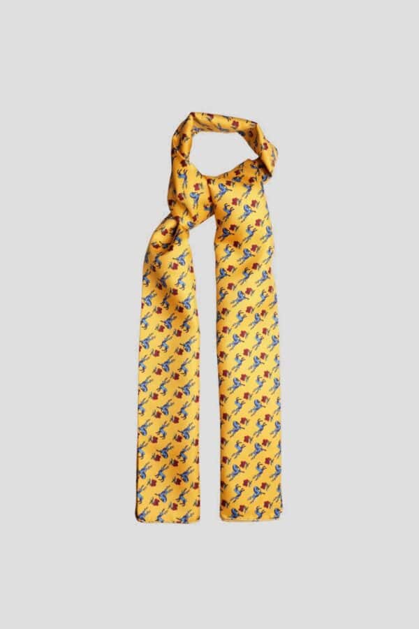 Écharpe tubulaire en soie jaune, motif animaux, présentée à plat, Dare in Paris