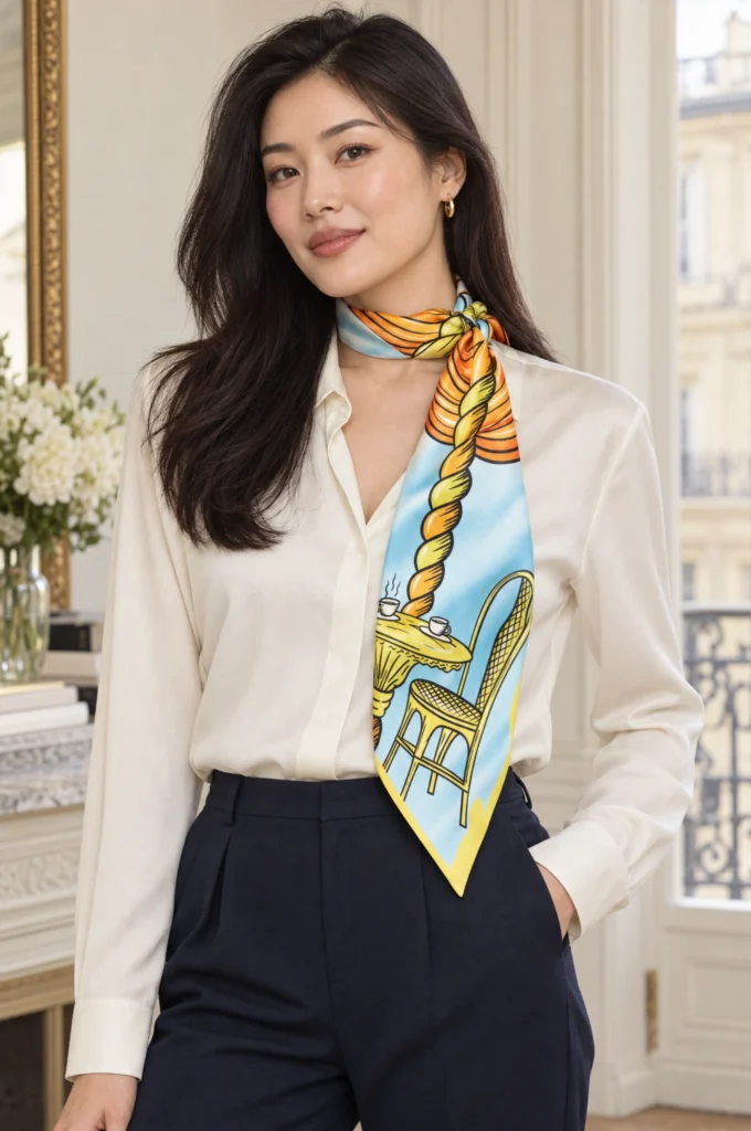 Carré de soie bleu ciel et jaune, Rayures de carrousel, noué autour du cou par une femme, pointes visibles sur sa tenue.
