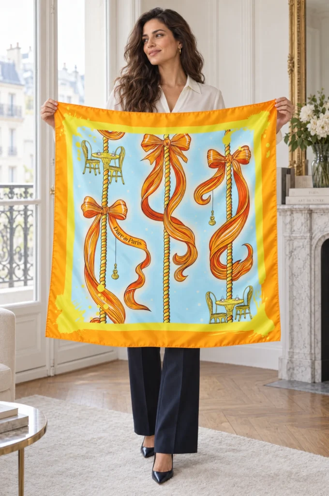 Carré de soie bleu ciel et jaune, Rayures de carrousel, déplié et tenu en main par une femme, illustration visible.