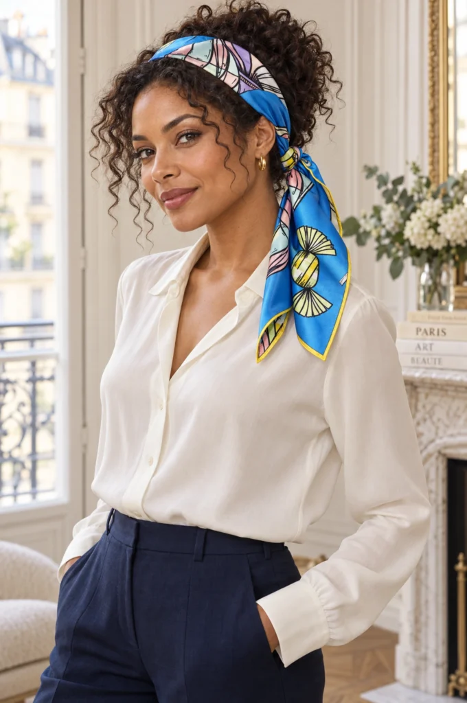 Carré de soie bleu et jaune, L'envol des gourmandises, noué dans les cheveux par une femme.