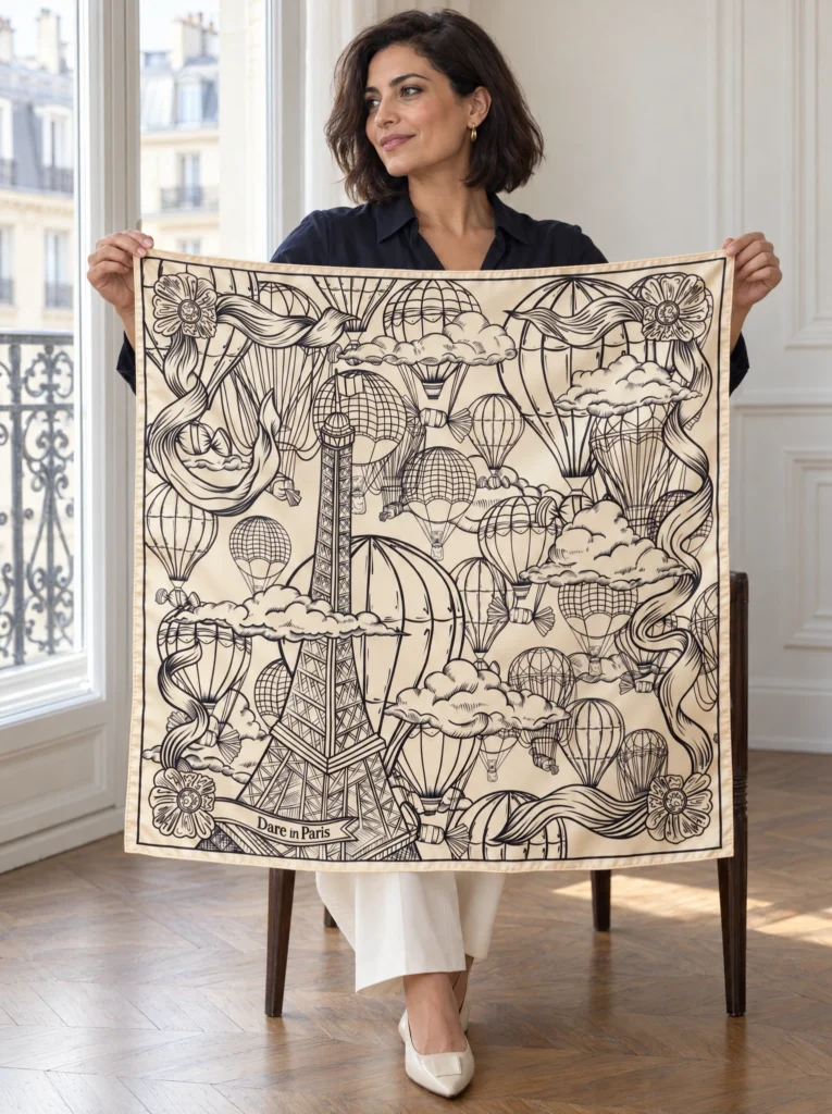 Carré de soie noir et blanc cassé, L'envol des gourmandises, déplié et tenu en main par une femme, illustration visible.