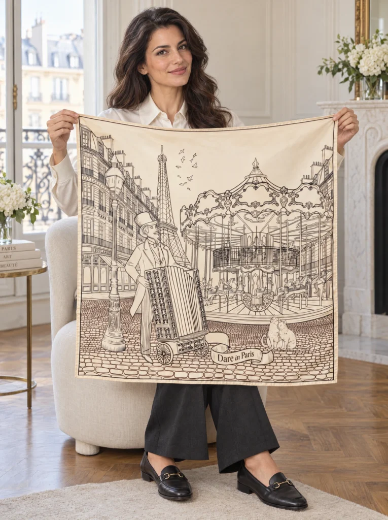 Carré de soie noir et blanc cassé, L’orgue du Boulevard, déplié et tenu en main par une femme, illustration visible.