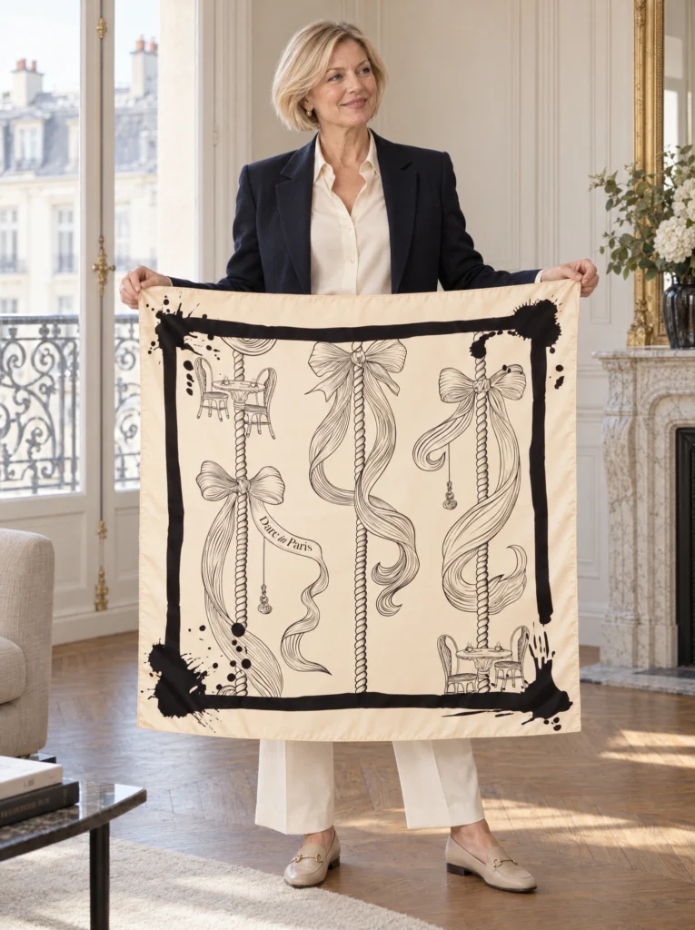 Carré de soie noir et blanc cassé, Rayures de carrousel, déplié et tenu en main par une femme, illustration visible.