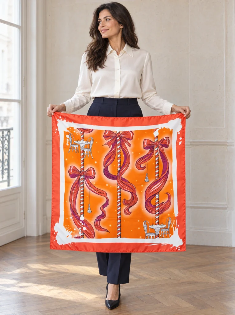 Carré de soie orange et rouge, Rayures de carrousel, déplié et tenu en main par une femme, illustration visible.