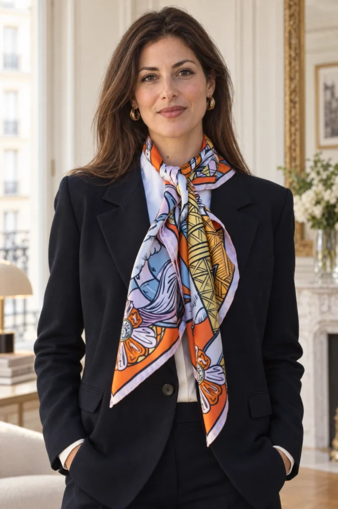 Carré de soie orange, L'envol des gourmandises, noué autour du cou par une femme, pointes visibles sur sa tenue.