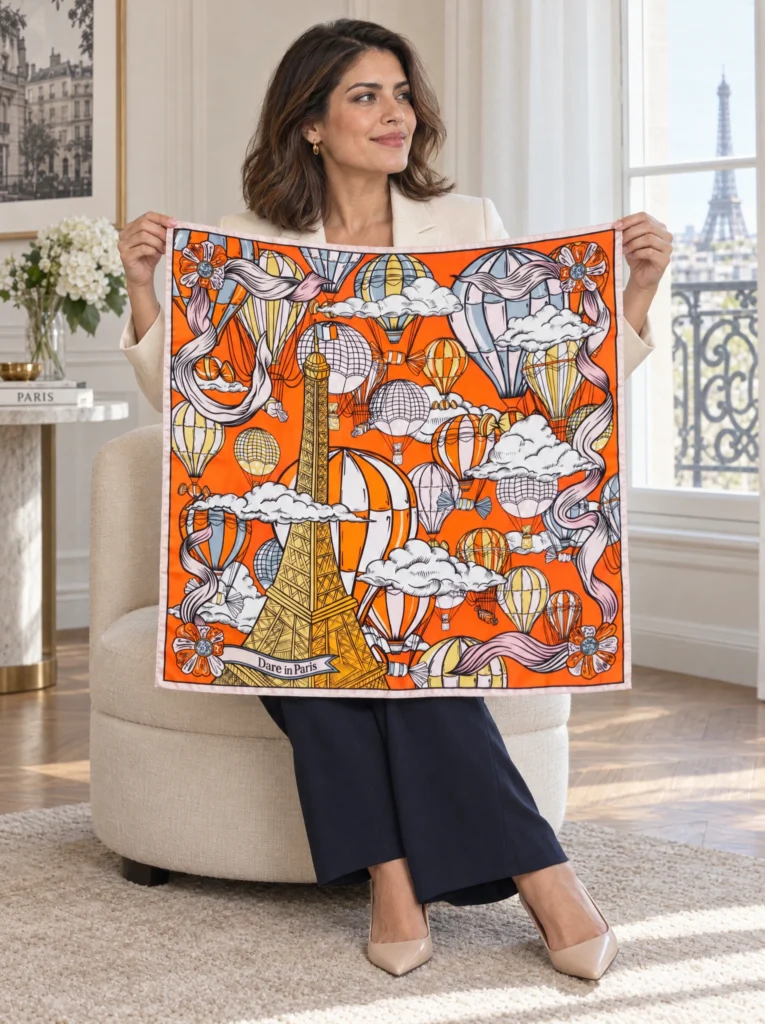 Carré de soie orange, L'envol des gourmandises, déplié et tenu en main par une femme, illustration visible.
