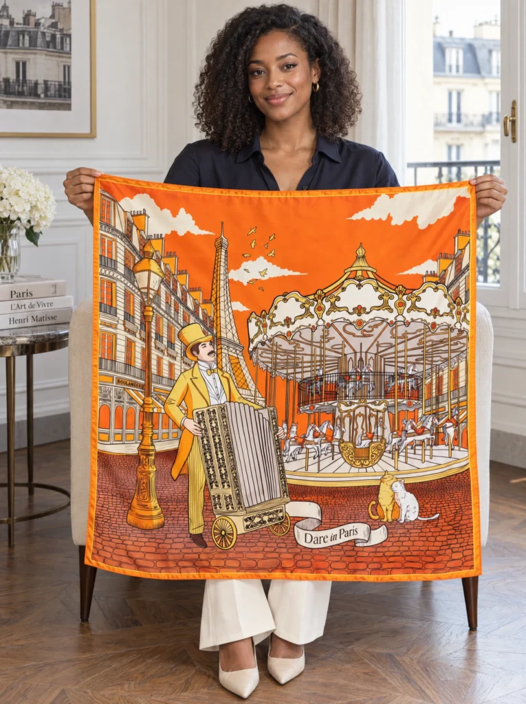Carré de soie orange, L’orgue du Boulevard, déplié et tenu en main par une femme, illustration visible.