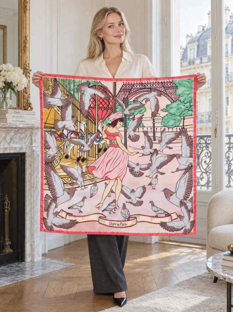 Carré de soie rose et rouge, Valse des colombes, déplié et tenu en main par une femme, illustration visible.