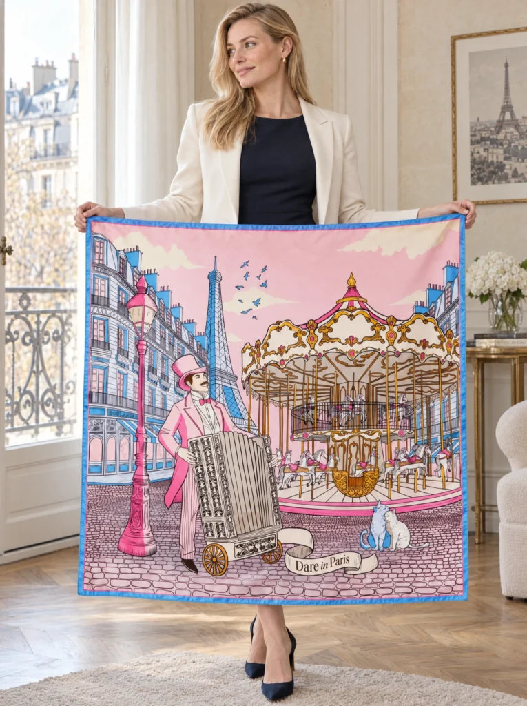Carré de soie rose et violet, L’orgue du Boulevard, déplié et tenu en main par une femme, illustration visible.