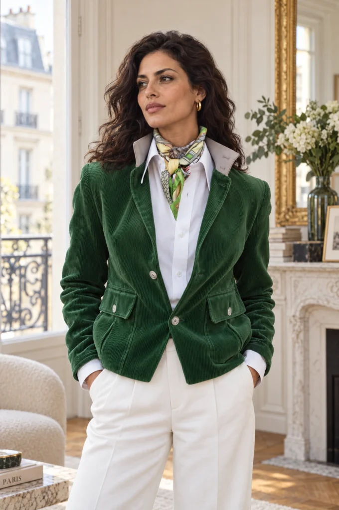 Carré de soie vert et jaune, L’orgue du Boulevard, noué autour du cou par une femme, pointes visibles sur sa tenue.