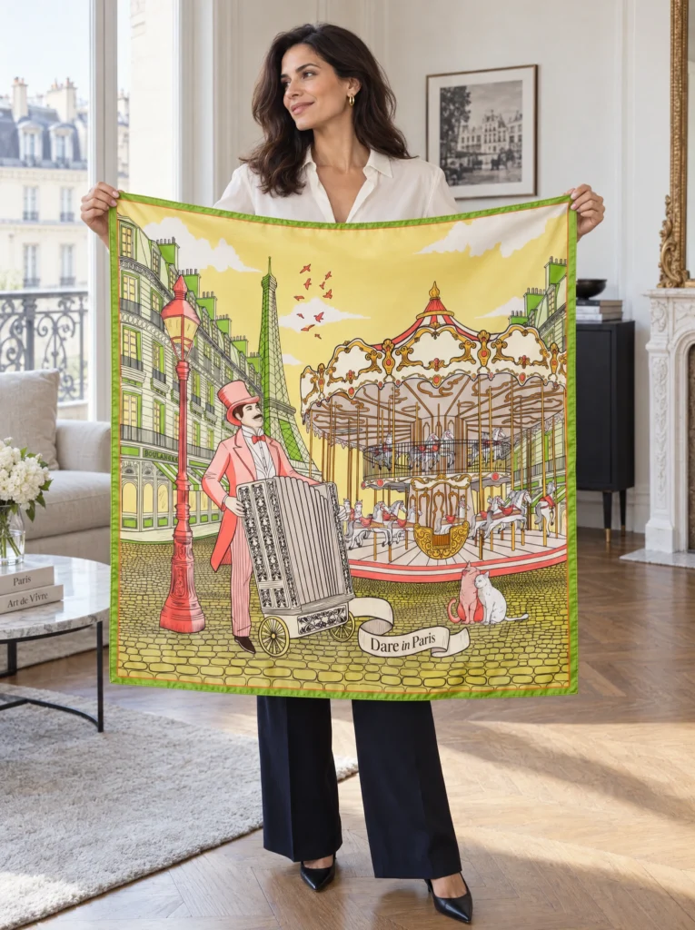 Carré de soie vert et jaune, L’orgue du Boulevard, déplié et tenu en main par une femme, illustration visible.