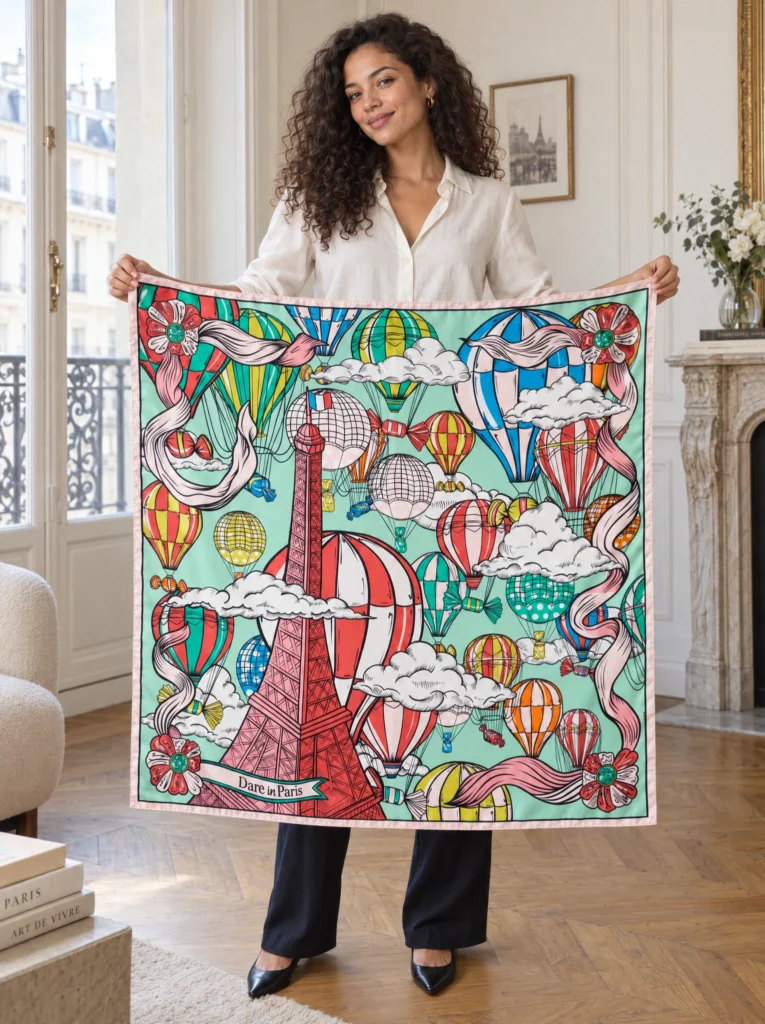 Carré de soie vert et rouge, L'envol des gourmandises, déplié et tenu en main par une femme, illustration visible.