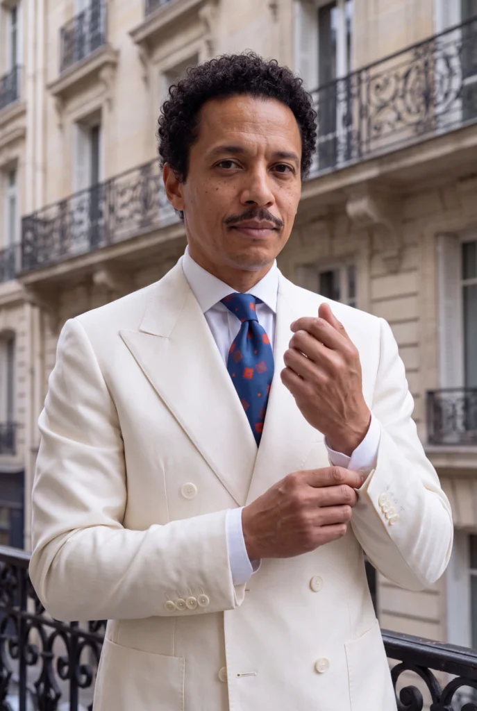 Cravate 7 plis bleue en soie, portée avec une chemise et un costume.