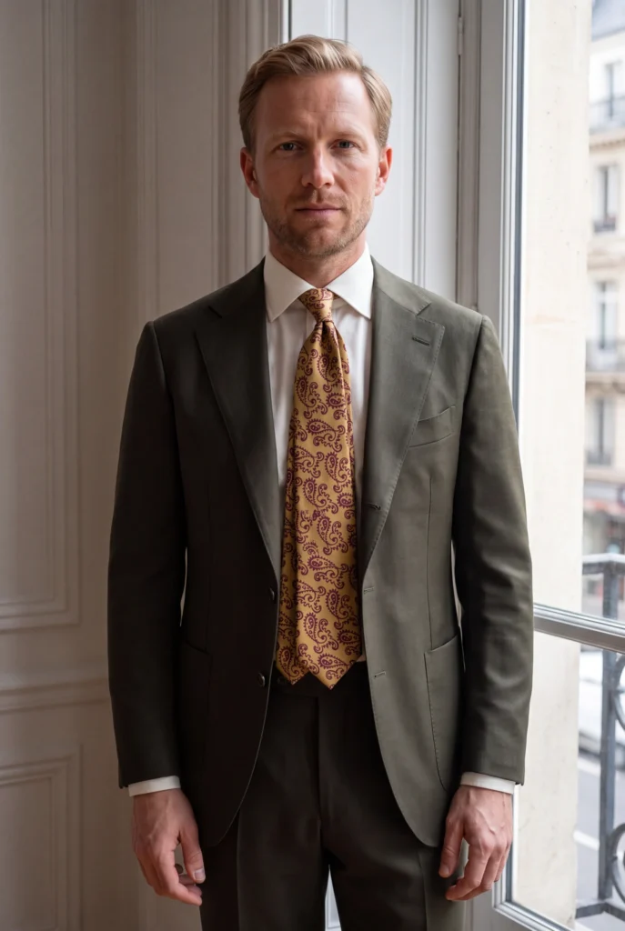 Cravate 7 plis en soie, portée avec une chemise et un costume.