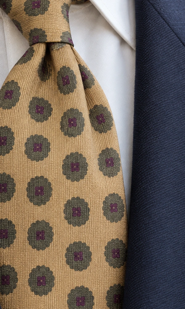 Light brown seven-fold madder silk tie, cropped detail of the pattern and fabric in the styling image.