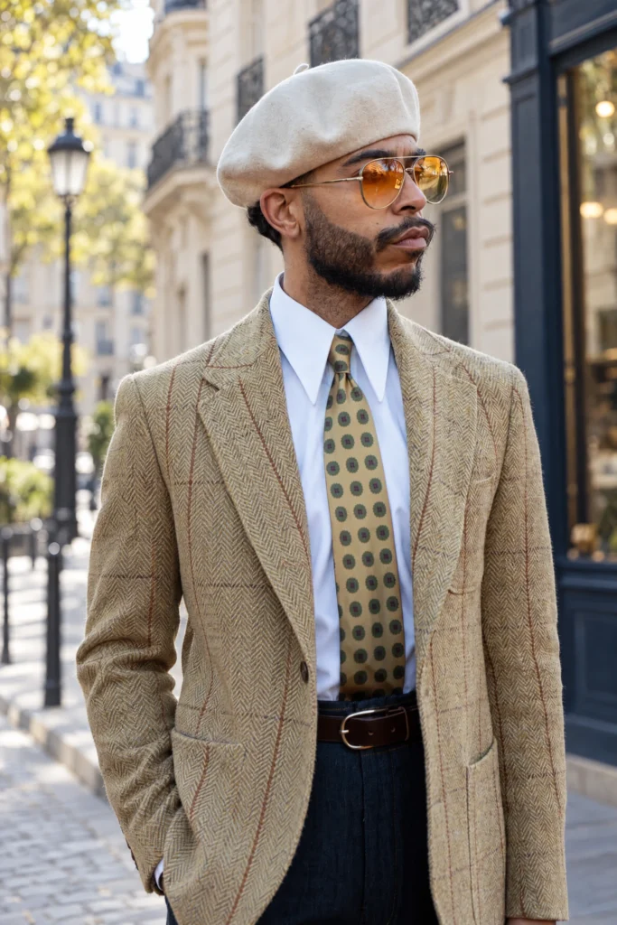 Cravate 7 plis marron clair en soie, portée avec une chemise et un costume.