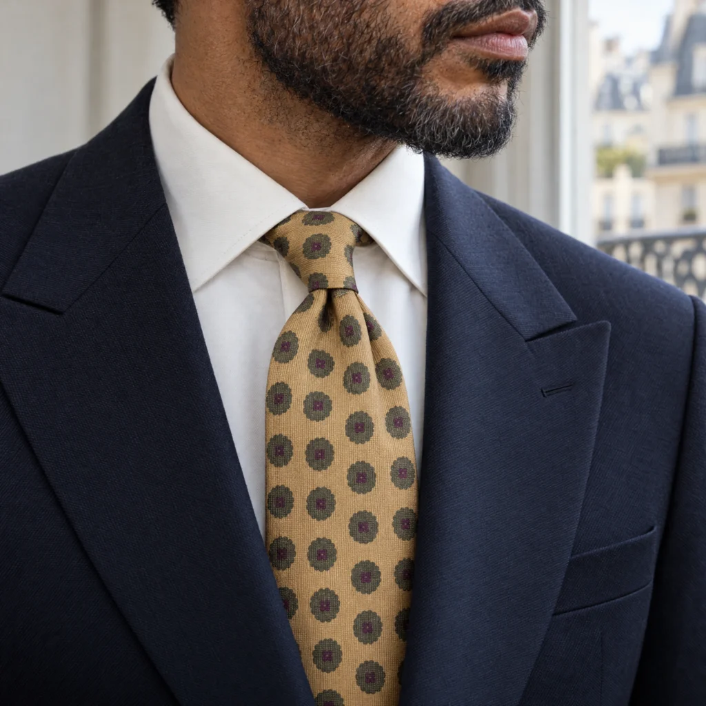 Light brown seven-fold madder silk tie, worn with a shirt and jacket, close-up view.