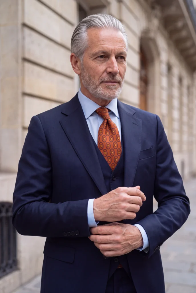 Cravate 7 plis marron foncé en soie, portée avec une chemise et un costume.