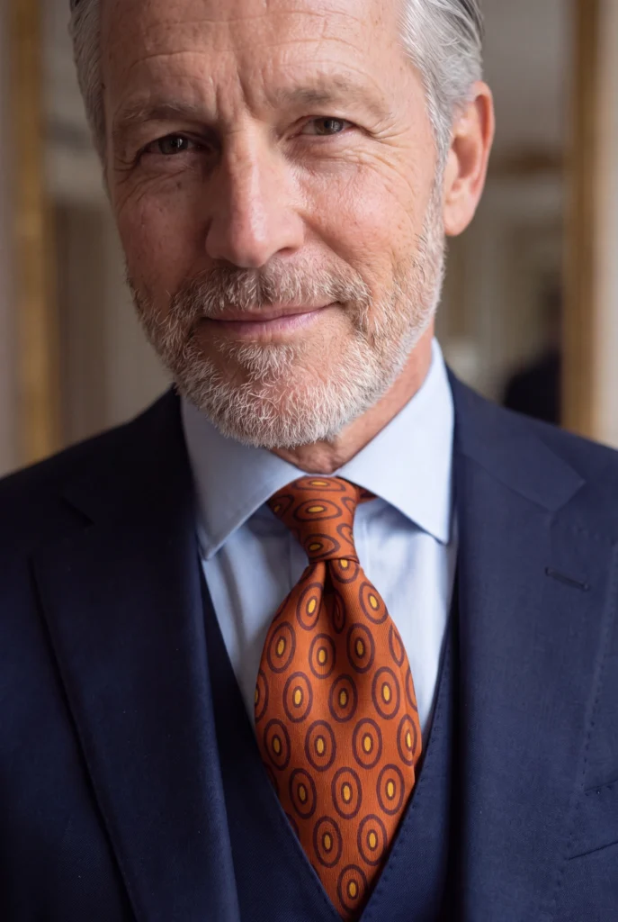 Cravate 7 plis marron foncé en soie, portée avec une chemise et une veste, vue rapprochée.