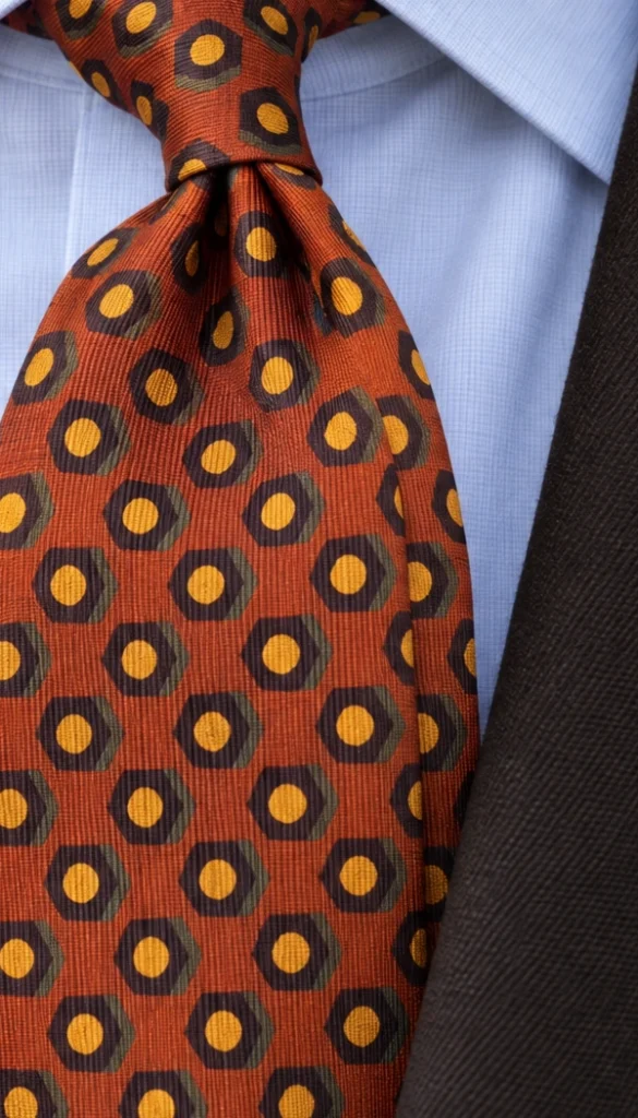 Dark brown seven-fold madder silk tie, cropped detail of the pattern and fabric in the styling image.