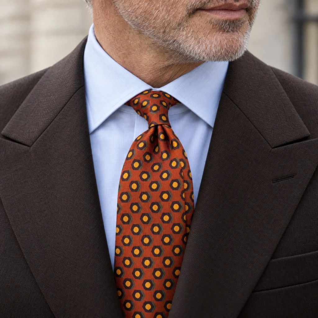 Dark brown seven-fold madder silk tie, worn with a shirt and jacket, close-up view.