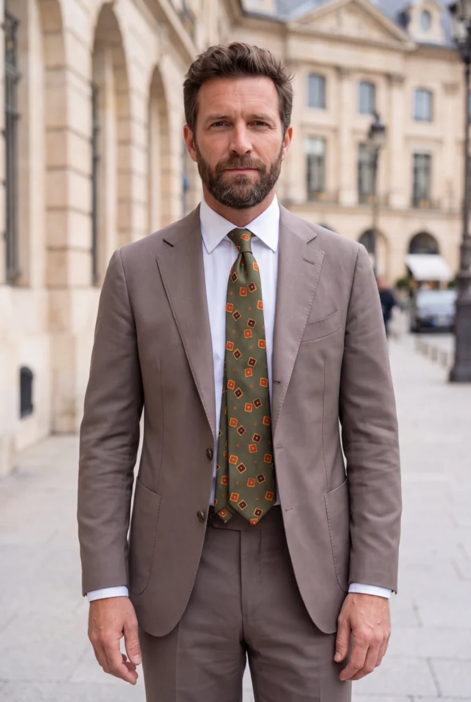 Cravate 7 plis verte en soie, portée avec une chemise et un costume.