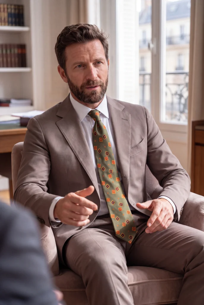Cravate 7 plis verte en soie, portée avec une chemise et un costume.