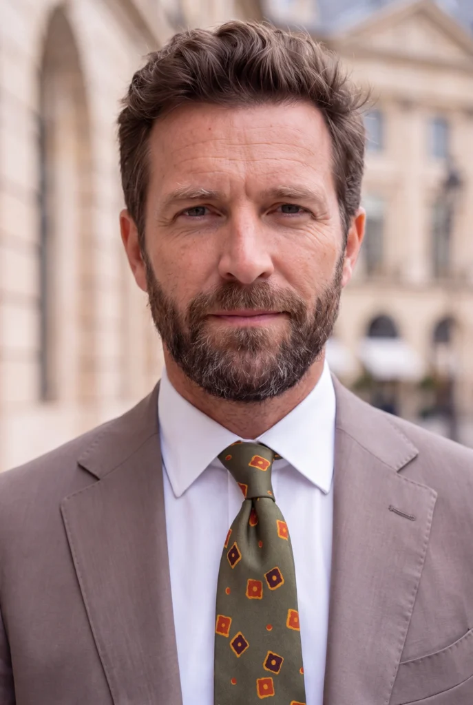 Cravate 7 plis verte en soie, portée avec une chemise et une veste, vue rapprochée.