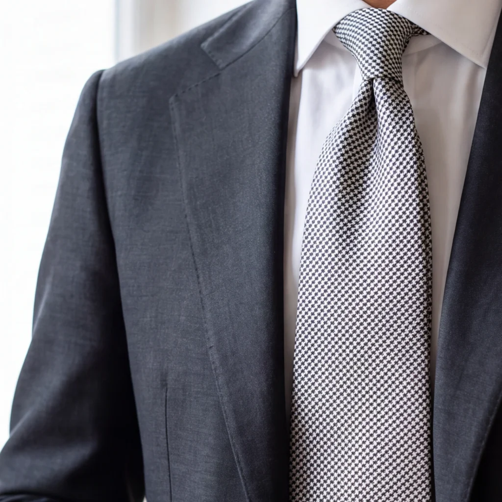Silver and black houndstooth woven silk tie, cropped detail of the pattern and fabric in the styling image.