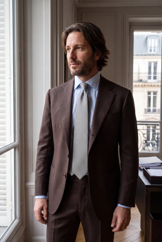 Cravate argent et noir pied de poule en soie, portée avec une chemise et un costume.