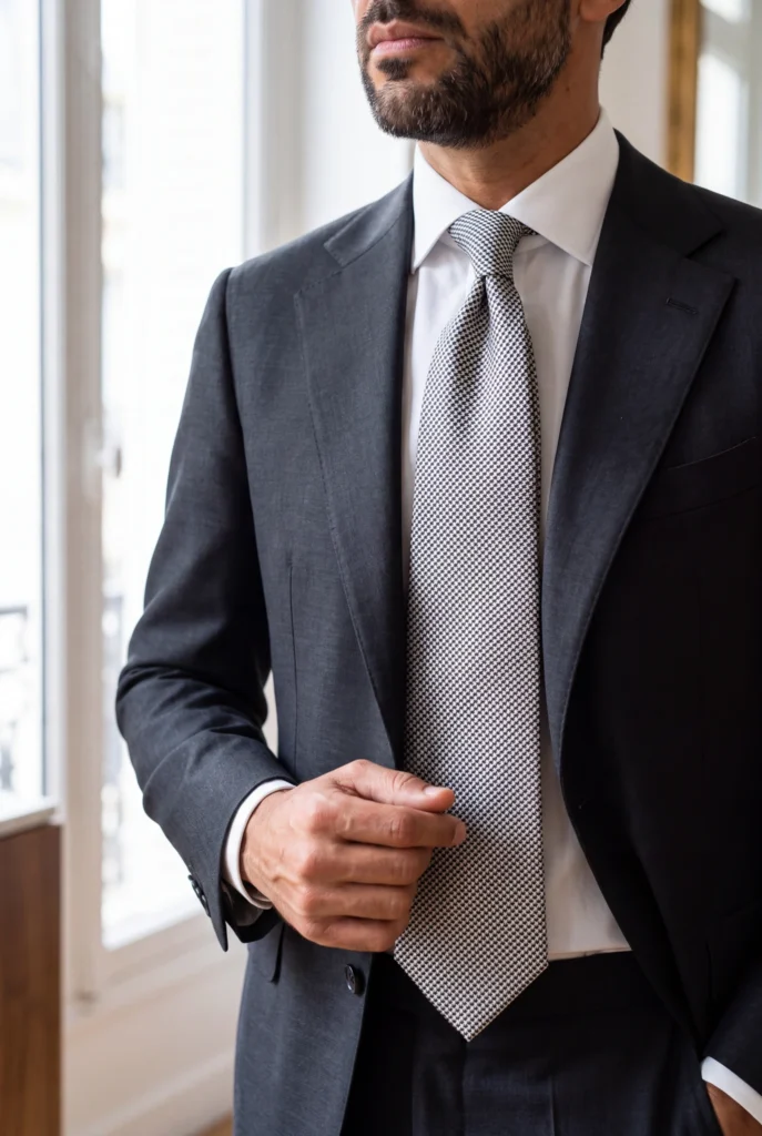Silver and black houndstooth woven silk tie, worn with a shirt and suit.