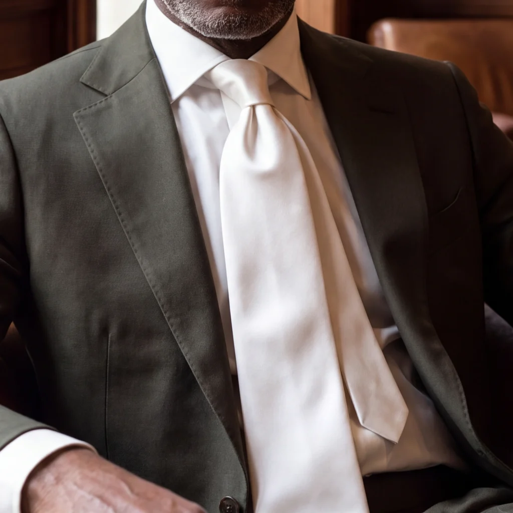 Plain white silk satin tie, cropped detail of the pattern and fabric in the styling image.